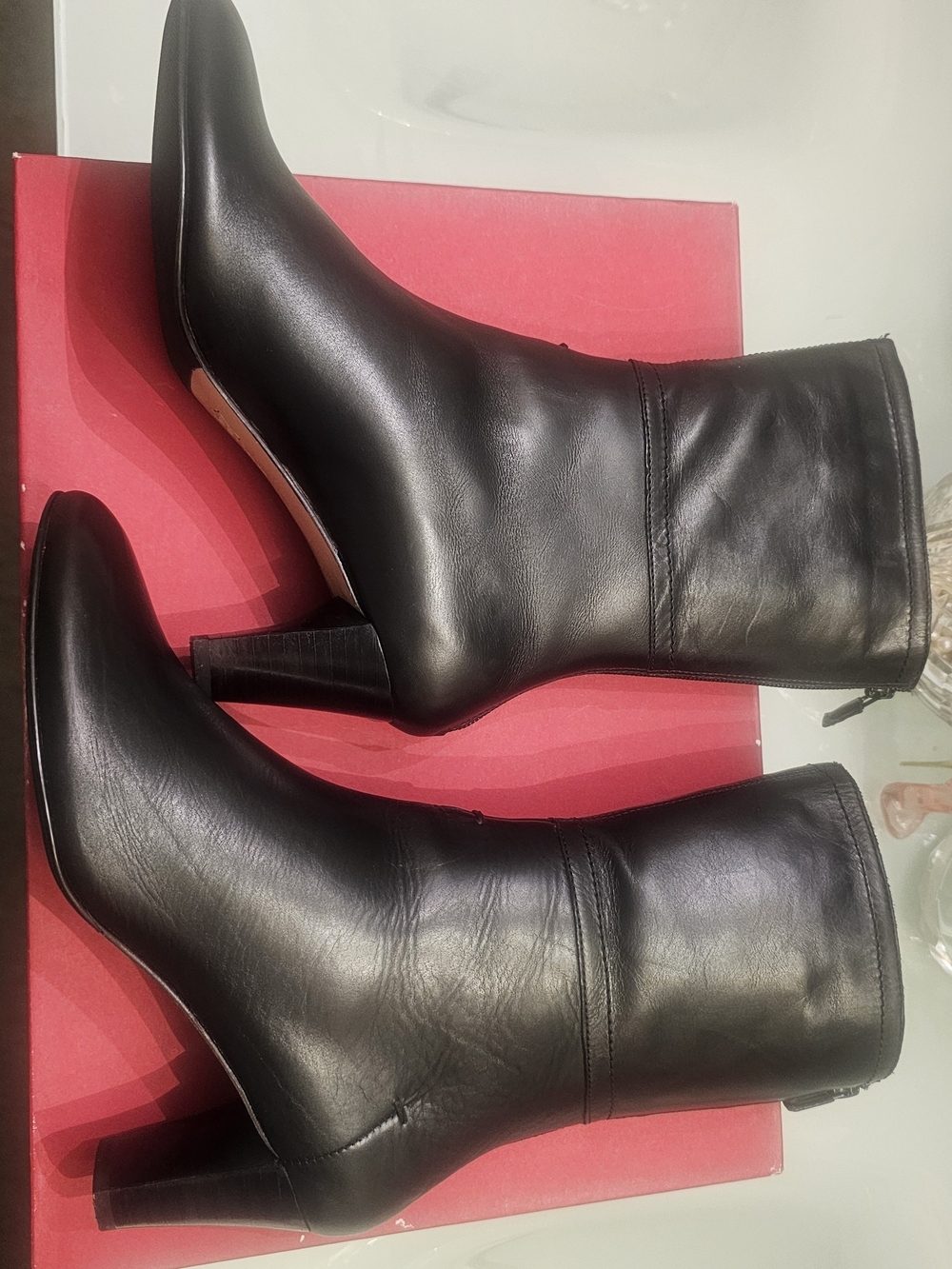 Vaneli Black Leather Mid-Calf Heel Boots